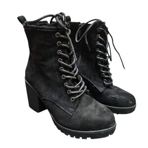 Zigi soho Kourtlan Blck Lace Up Side Zip Chunky Heel Faux Suede Combat Boots Sz6